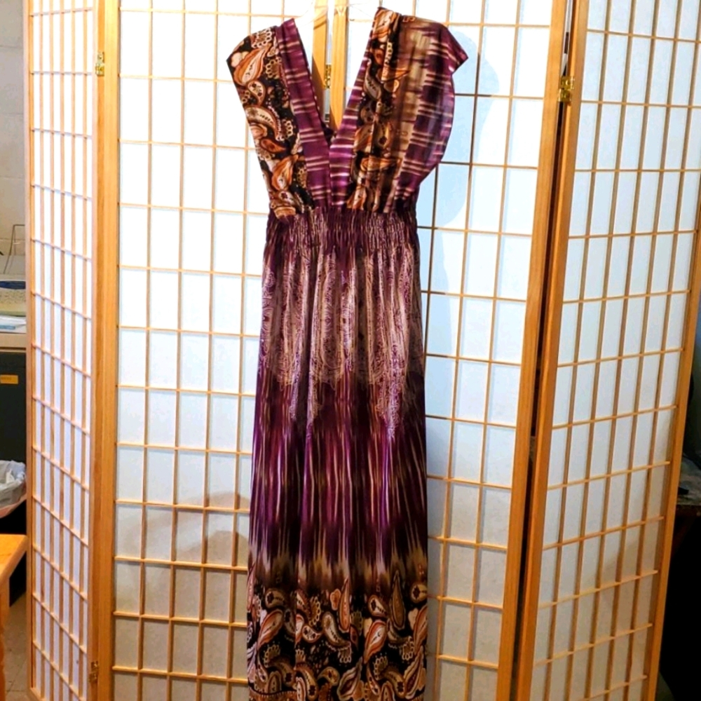 Plum and Orange V-Neck Maxi Dress